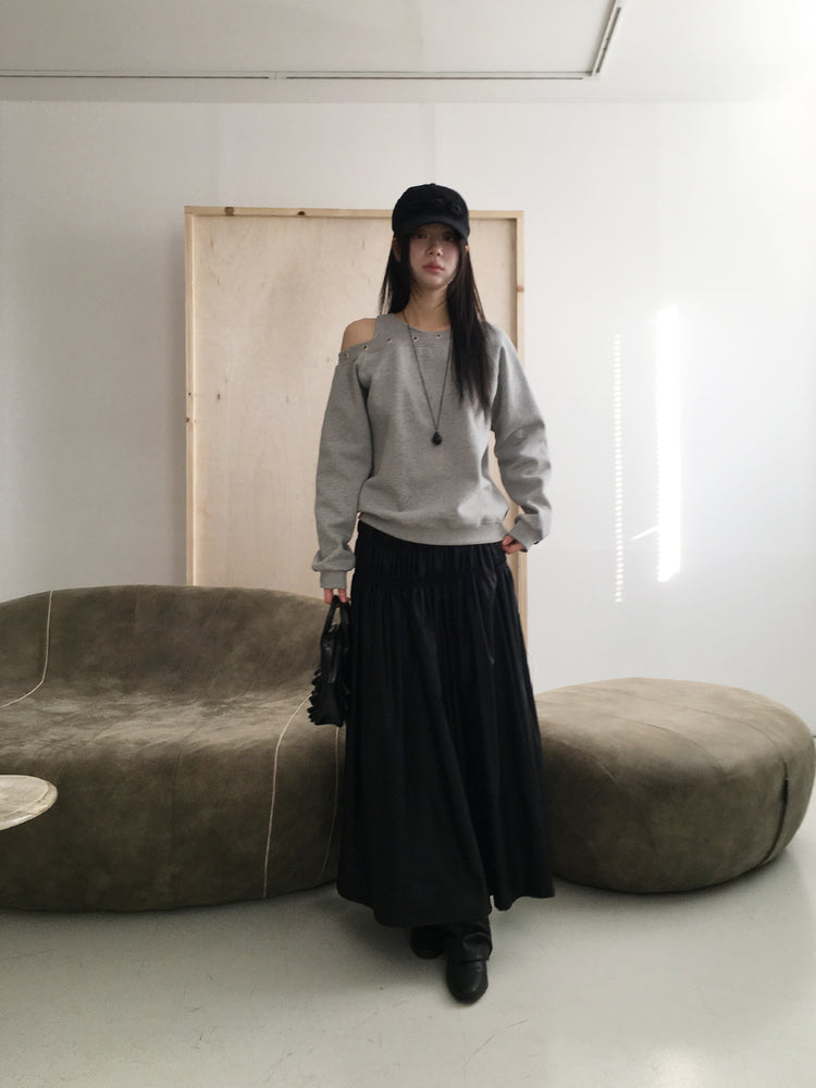 鉚釘圈細節假兩件美肩上衣