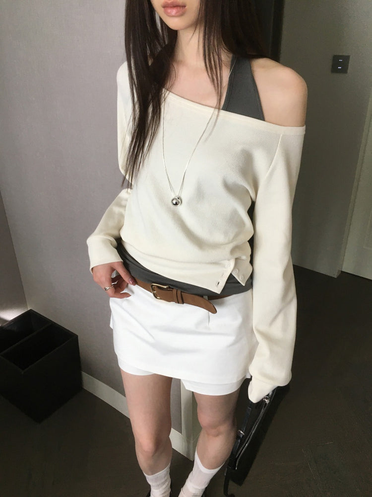 美肩撞色掛脖兩件式上衣