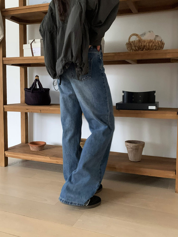 基礎復古美刷色直筒牛仔褲