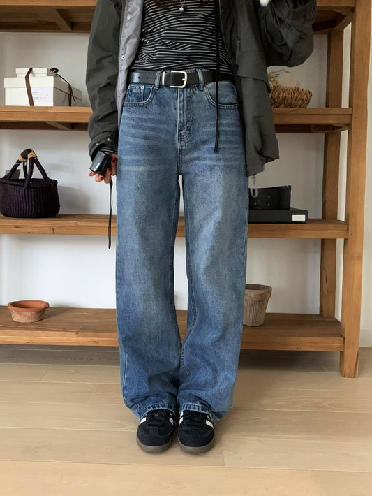 基礎復古美刷色直筒牛仔褲