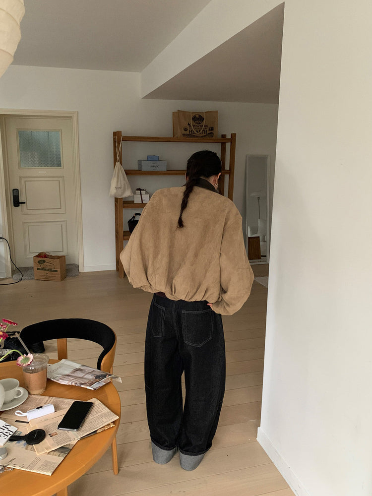 撞色皮領麂皮外套