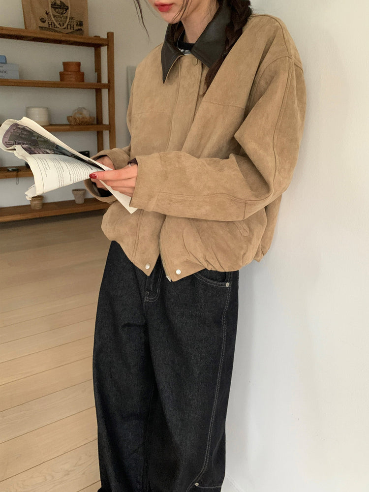 撞色皮領麂皮外套