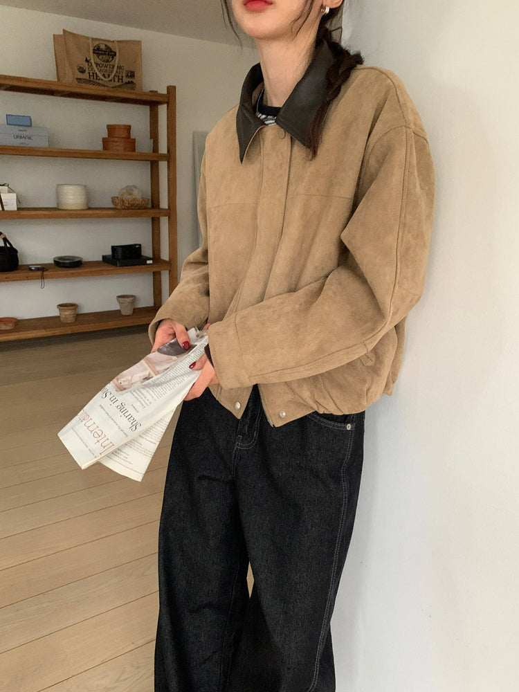 撞色皮領麂皮外套