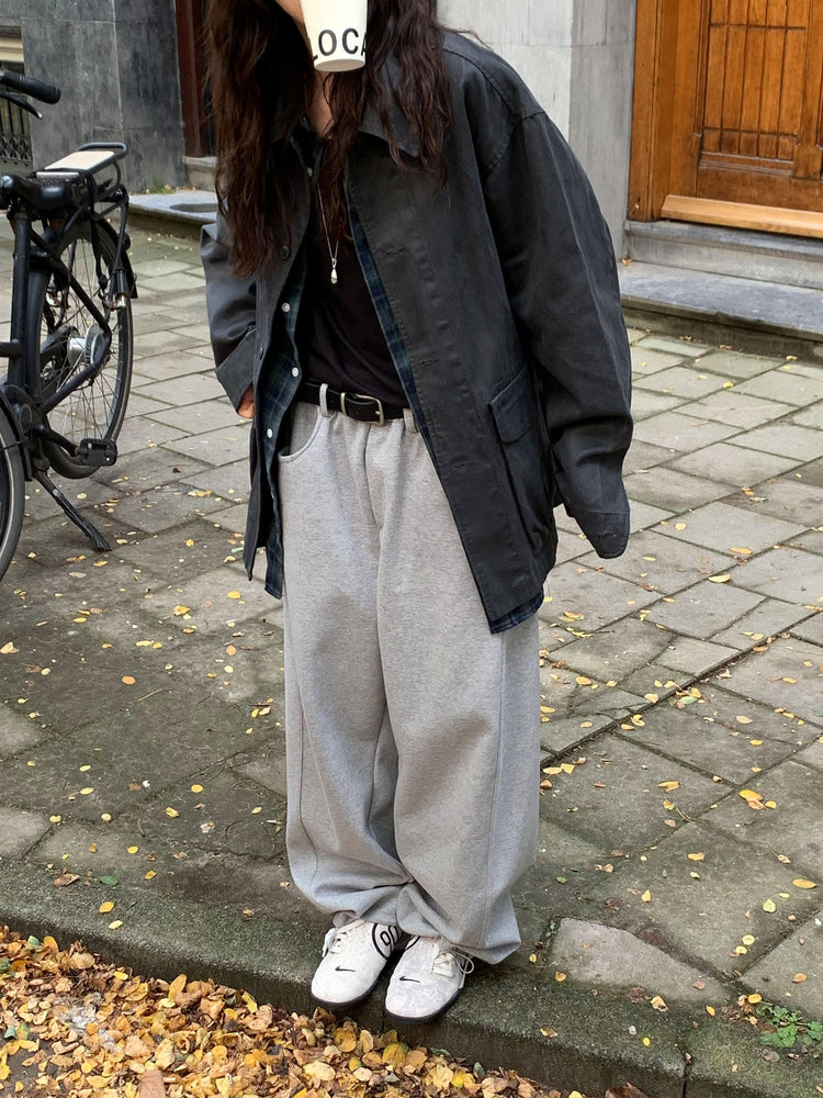 Unisex皮帶扣細節廓形棉褲