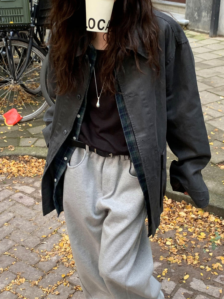 Unisex皮帶扣細節廓形棉褲