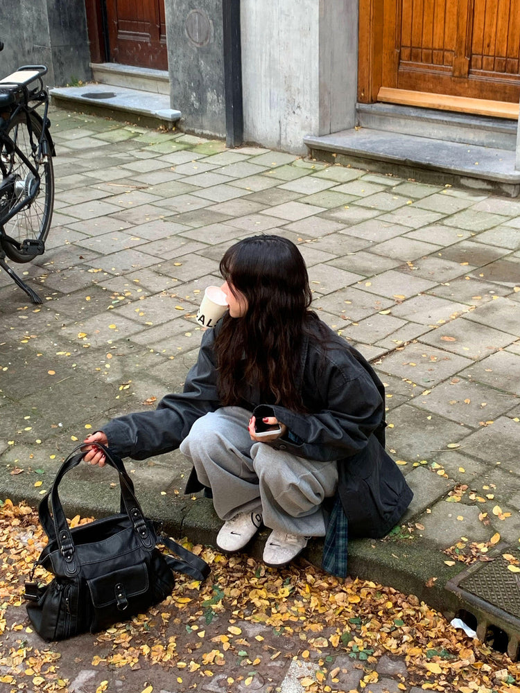 Unisex皮帶扣細節廓形棉褲