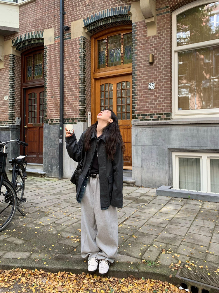 Unisex皮帶扣細節廓形棉褲