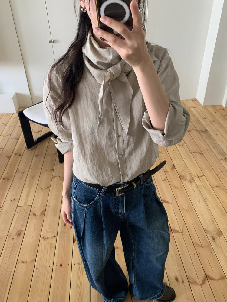 尼龍質感三角巾襯衫套裝