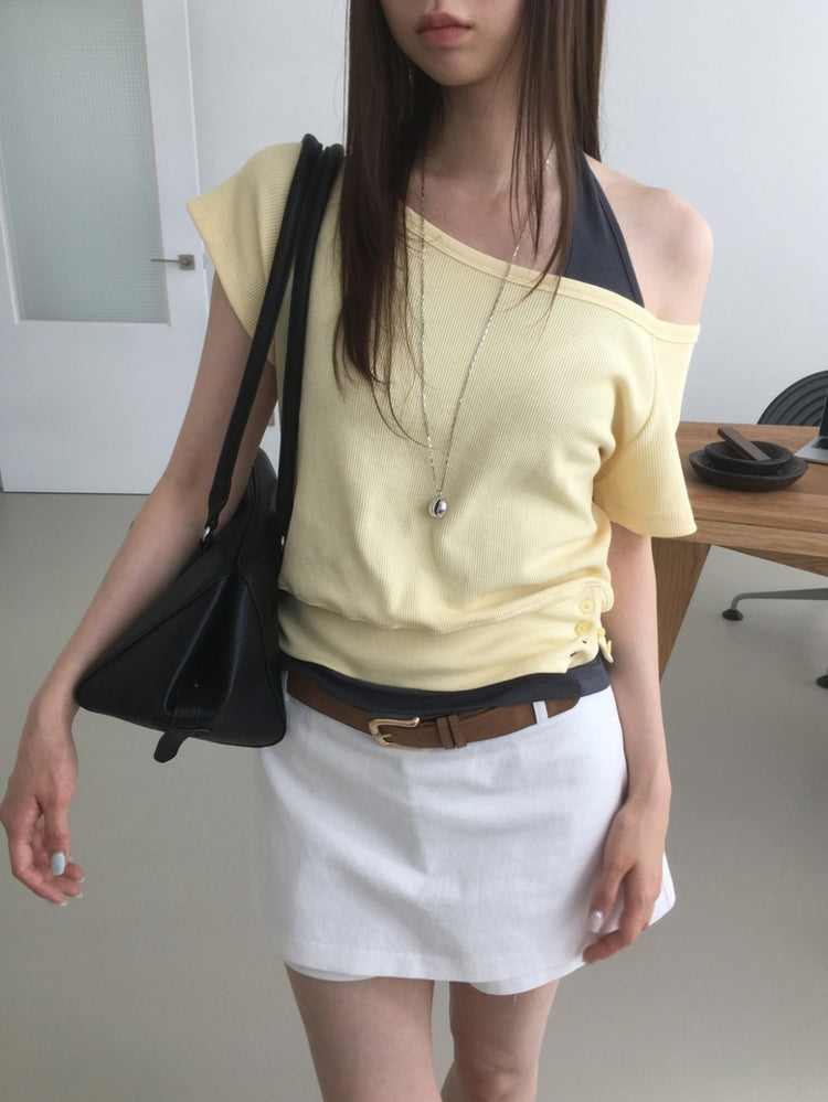 S/S 美肩撞色掛脖兩件式上衣