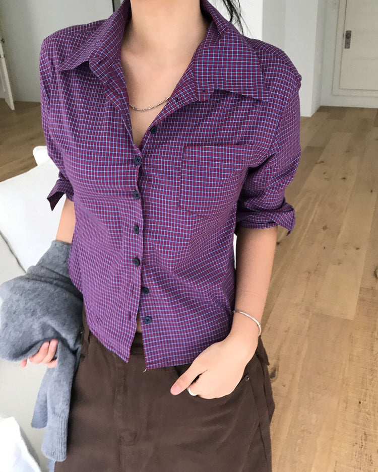 復古亮色格紋細節修腰襯衫