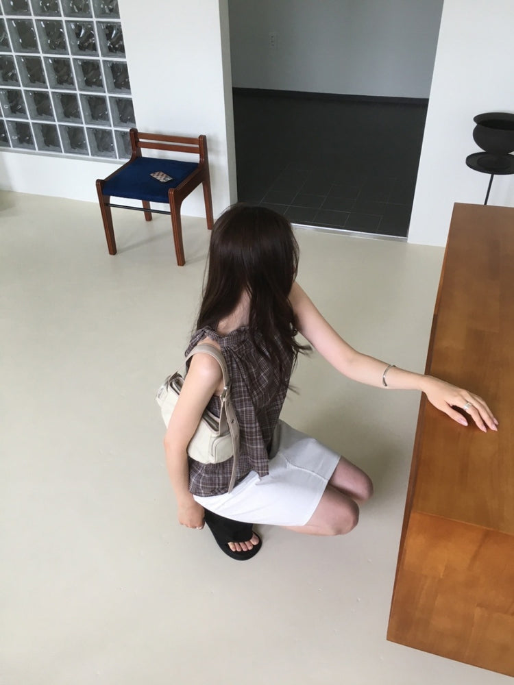 格紋側綁帶細節上衣