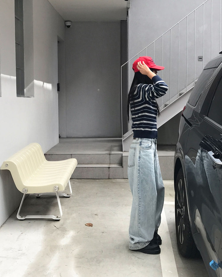 美色條紋排鈕針織外套