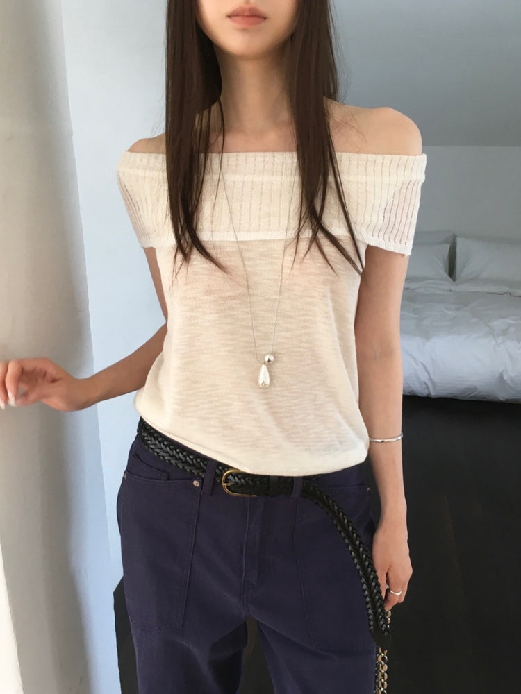 美肩坑紋反折針織上衣
