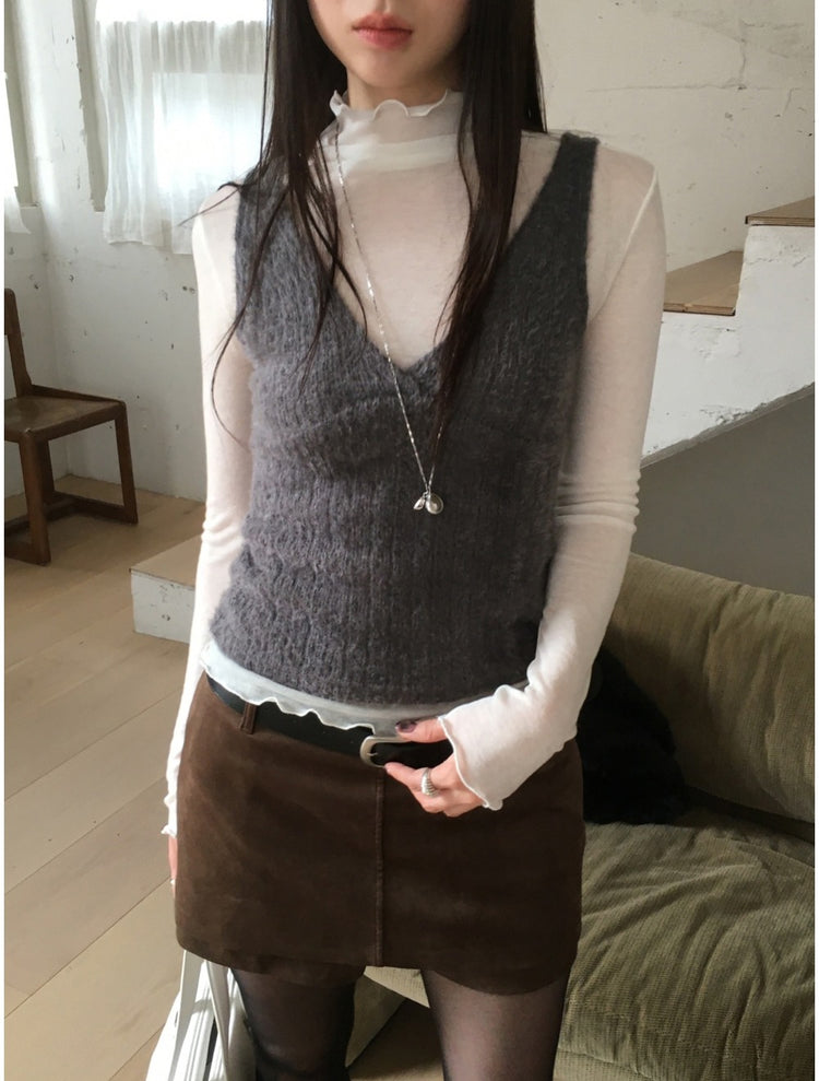 美色微透捲邊細節修身上衣