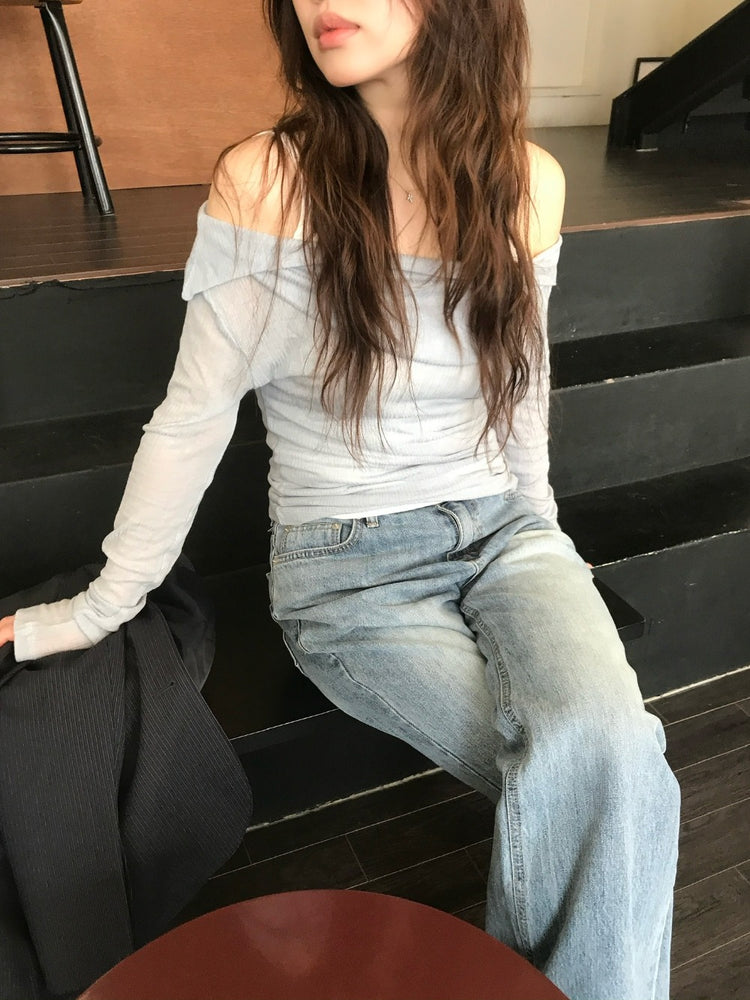 美色反折紋理露肩上衣