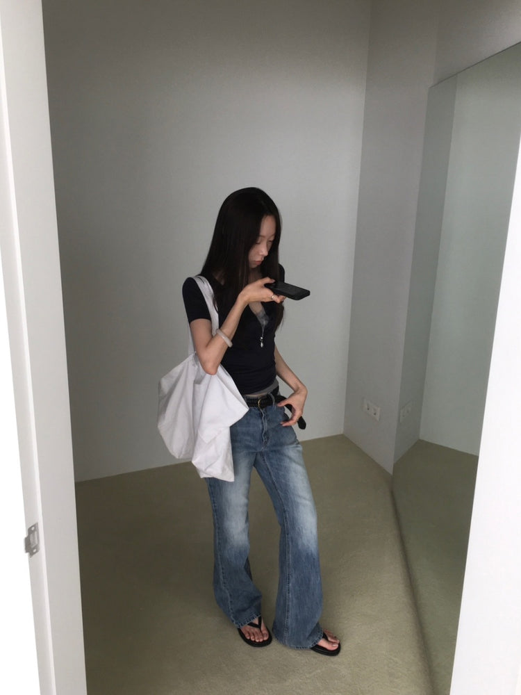 透膚亨利領修身上衣