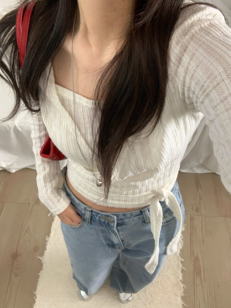 坑條紋理交疊綁帶修腰上衣