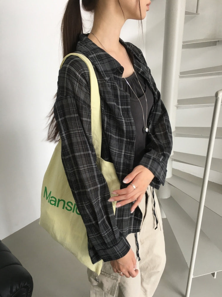 微透格紋綁帶襯衫