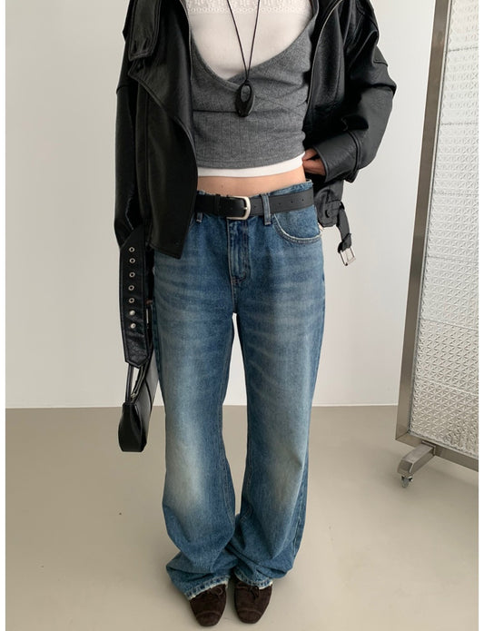 復古美刷色破爛細節牛仔褲