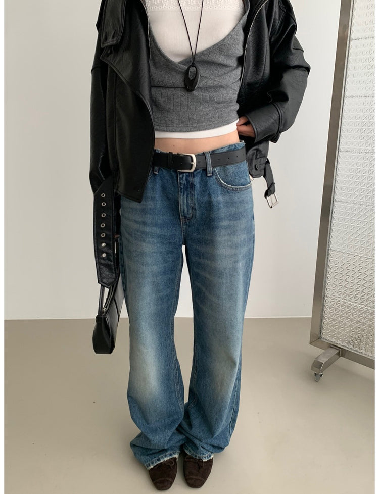 復古美刷色破爛細節牛仔褲