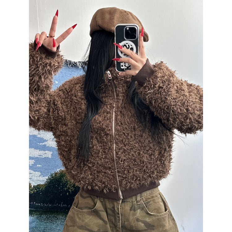 立領毛毛質感修身外套