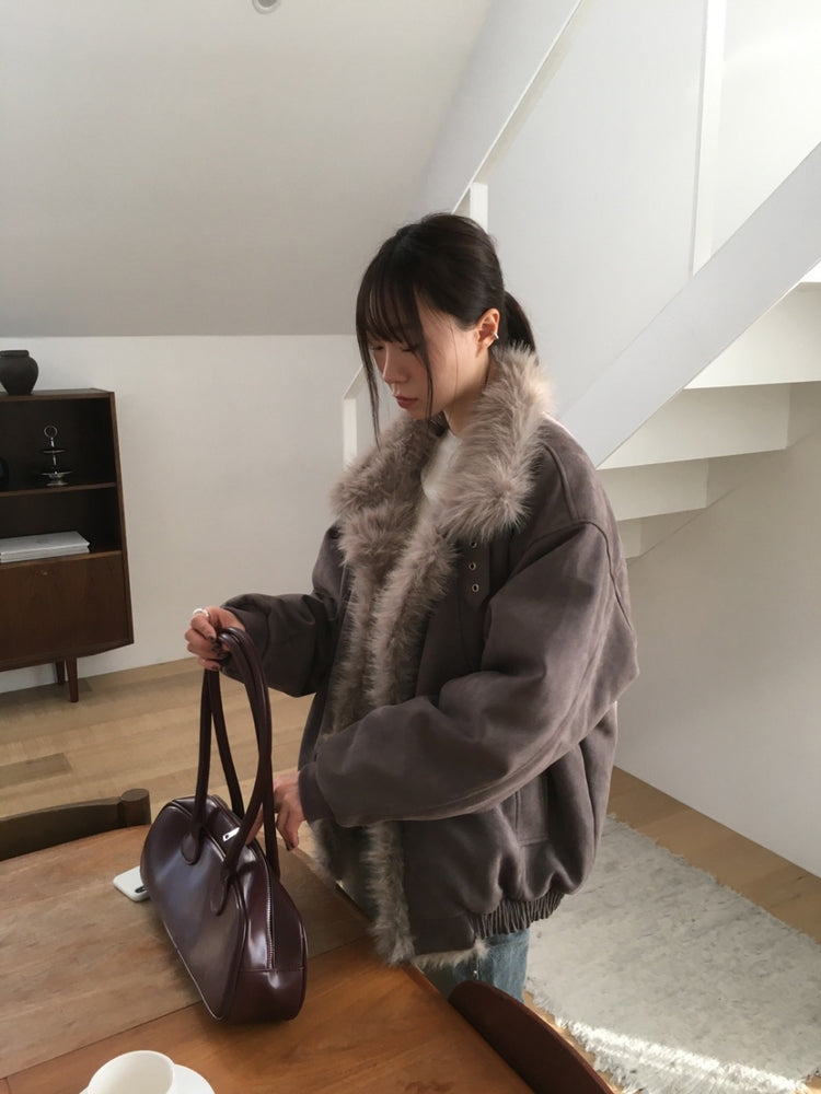 翻領毛毛細節麂皮外套