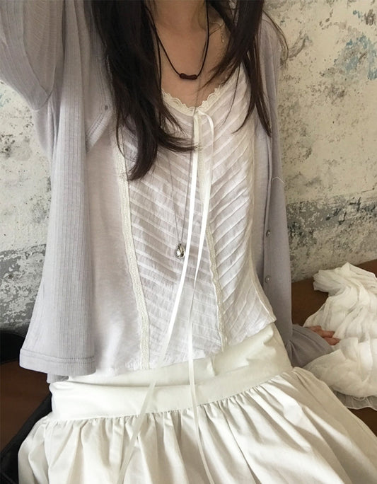 蕾絲百褶細節綁帶背心