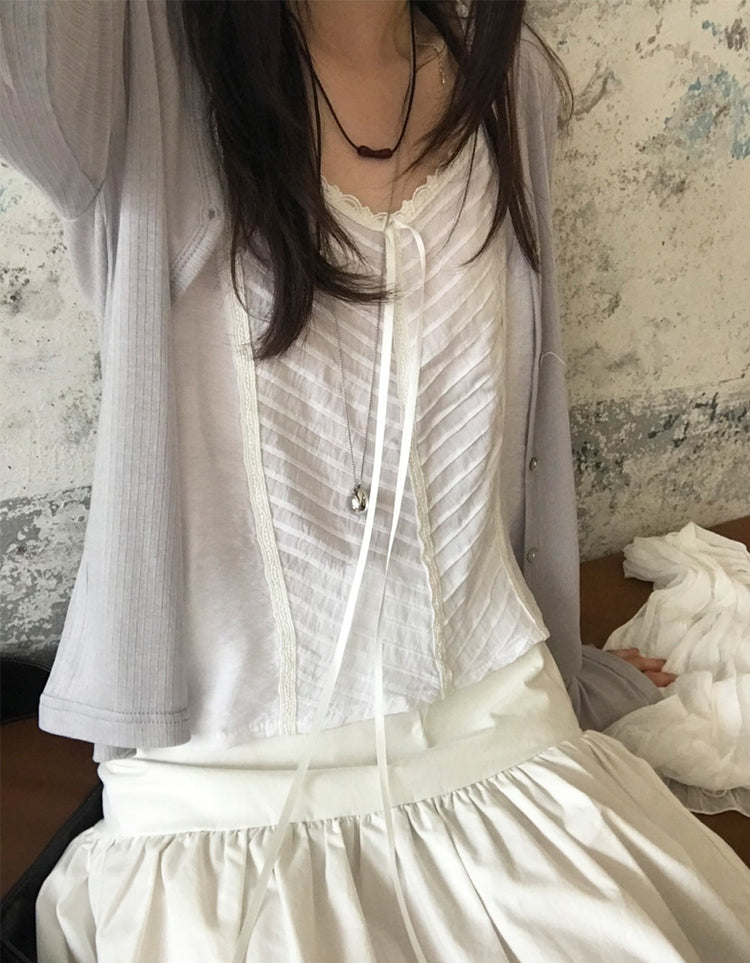 蕾絲百褶細節綁帶背心