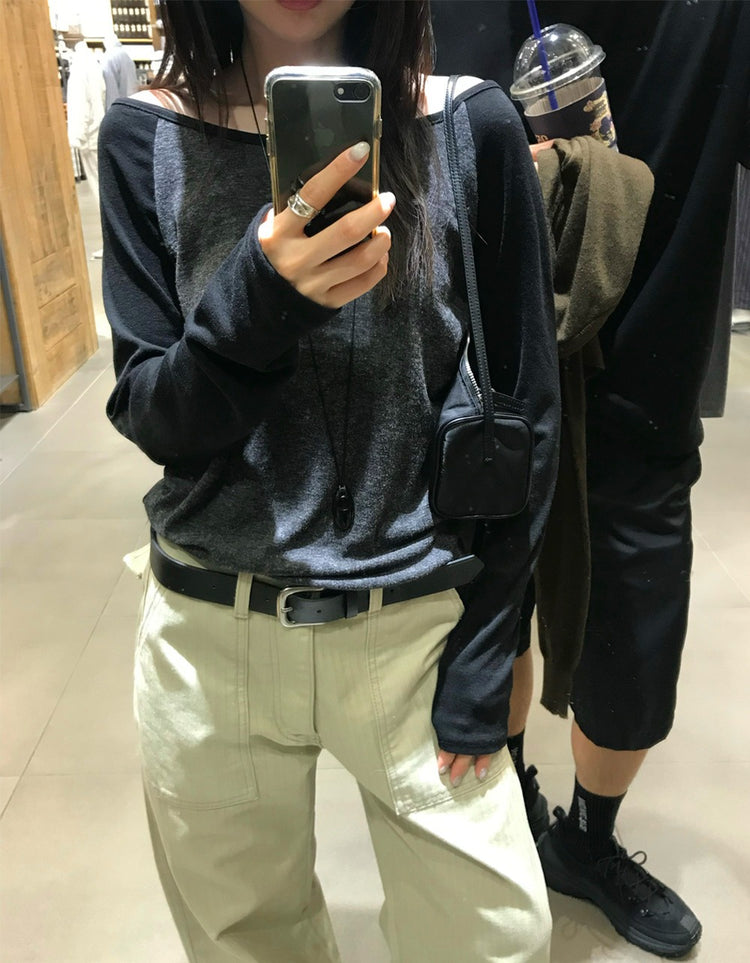 美肩撞色牛角袖細節上衣