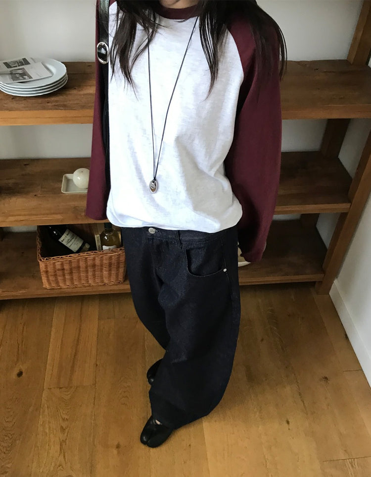 原色內壓褶細節彎刀牛仔褲