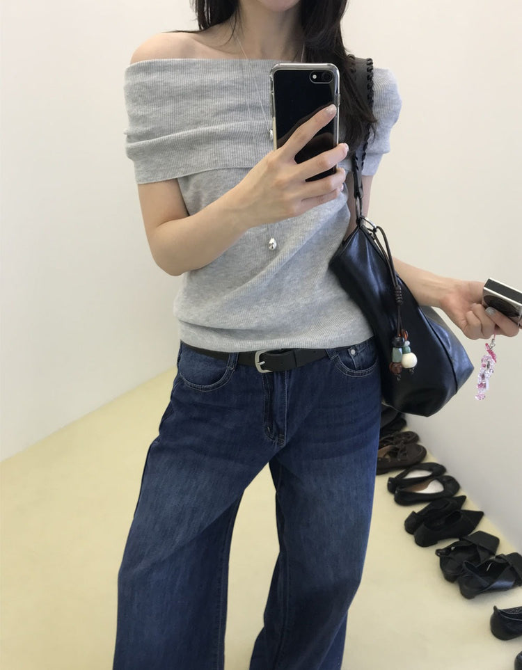美肩反折針織上衣
