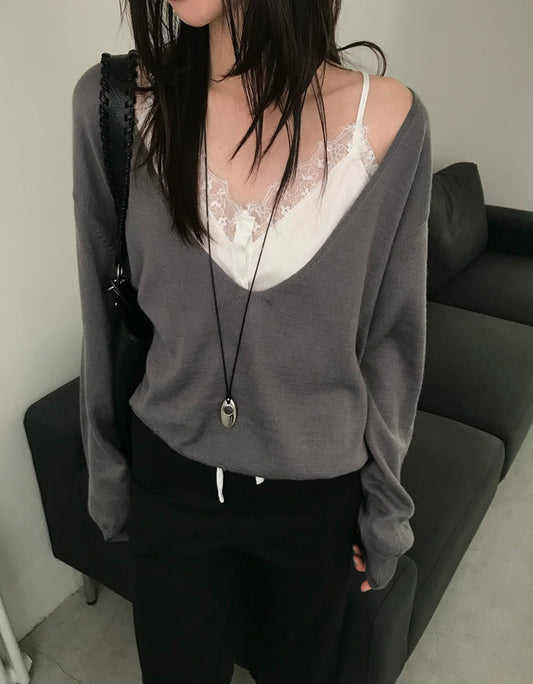 霧光澤蕾絲邊細節修腰上衣