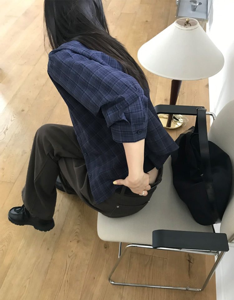 撞色格紋七分袖襯衫
