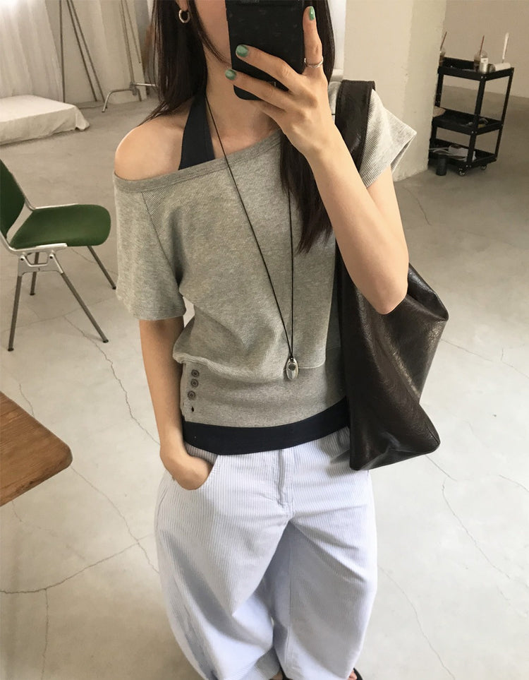 S/S 美肩撞色掛脖兩件式上衣
