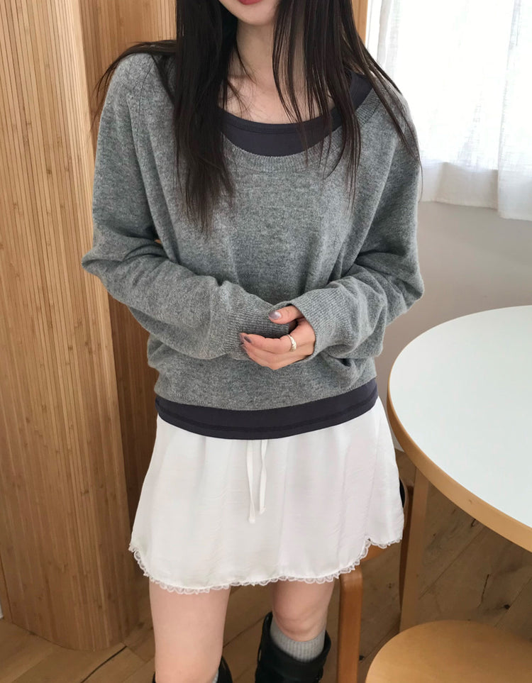 光澤感蕾絲邊細節短裙