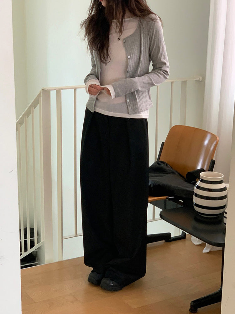 條紋內壓褶細節直褲