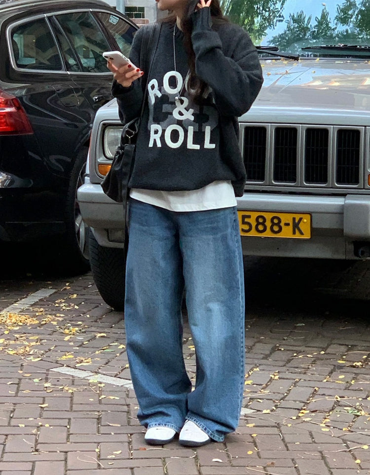 復古美刷色微鬆直筒牛仔褲