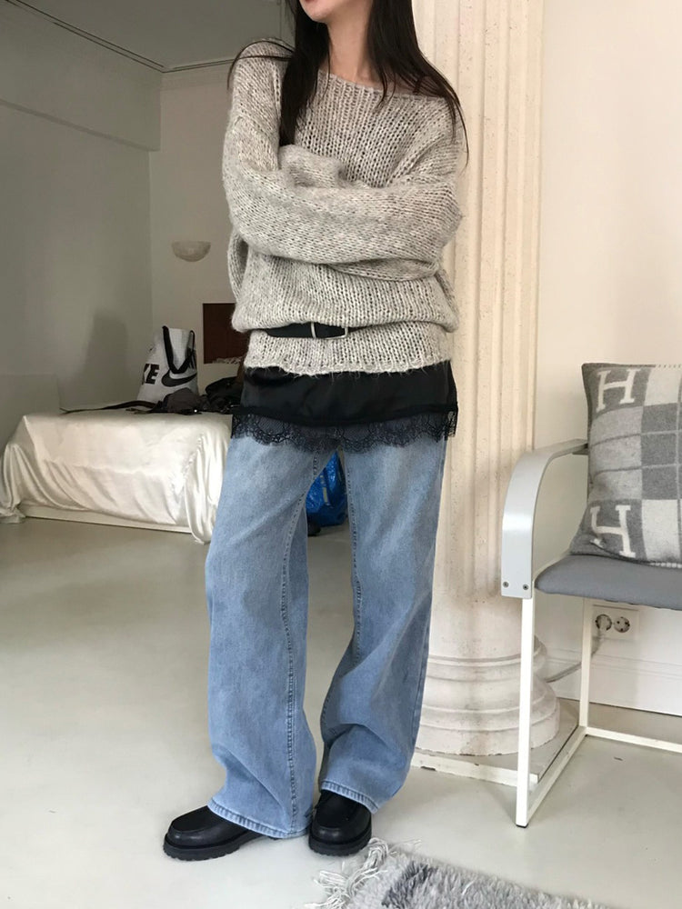 隱形橡筋腰頭直腿內刷毛牛仔褲