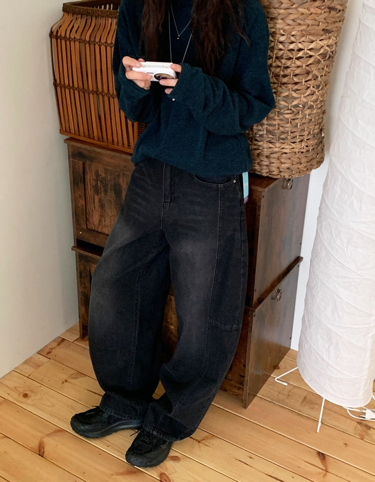 弧形側壓線廓形牛仔褲