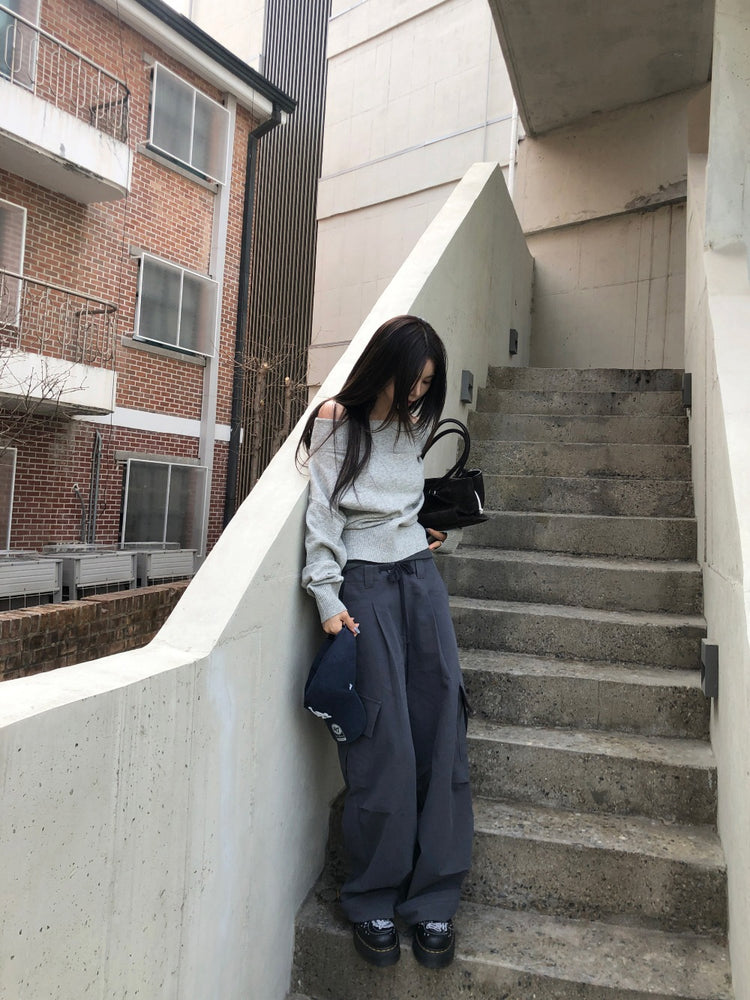美肩寬帶寬鬆修腰針織上衣