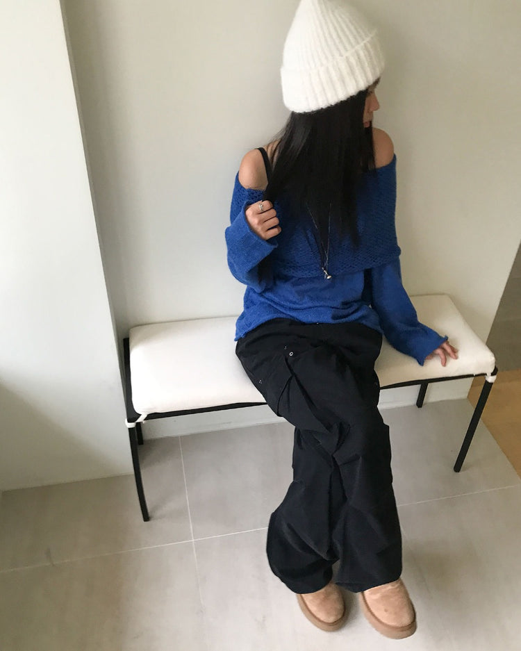 美肩微透紋理細節針織上衣