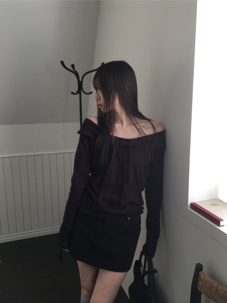 美肩垂帶領結條紋上衣