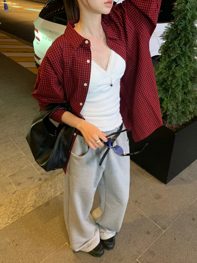 復古美色格紋寬鬆襯衫