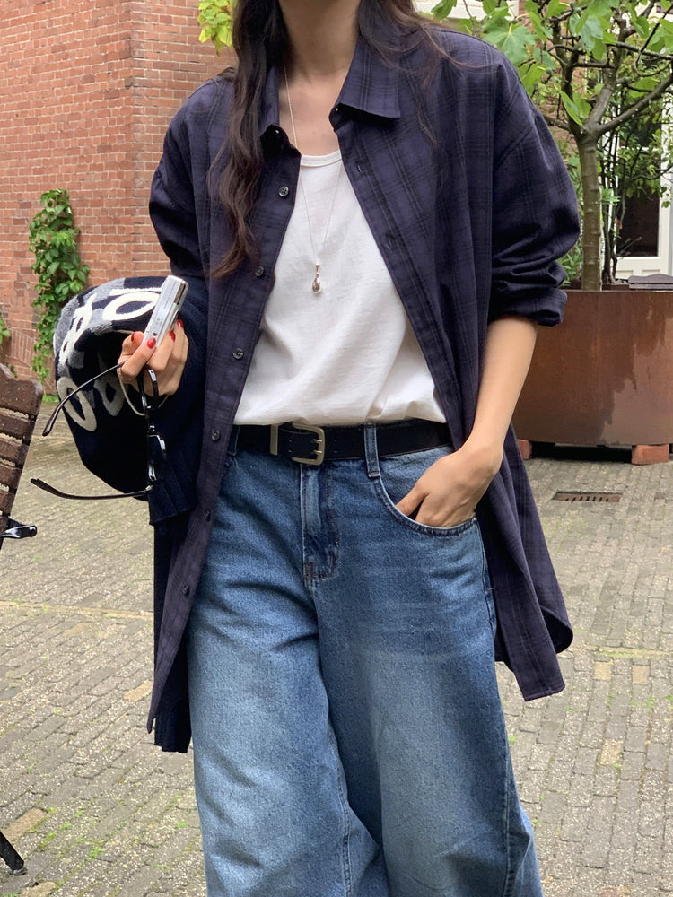 格紋同色系寬鬆襯衫