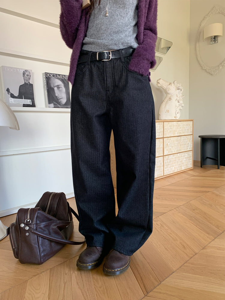 暗條紋細節繭型牛仔褲