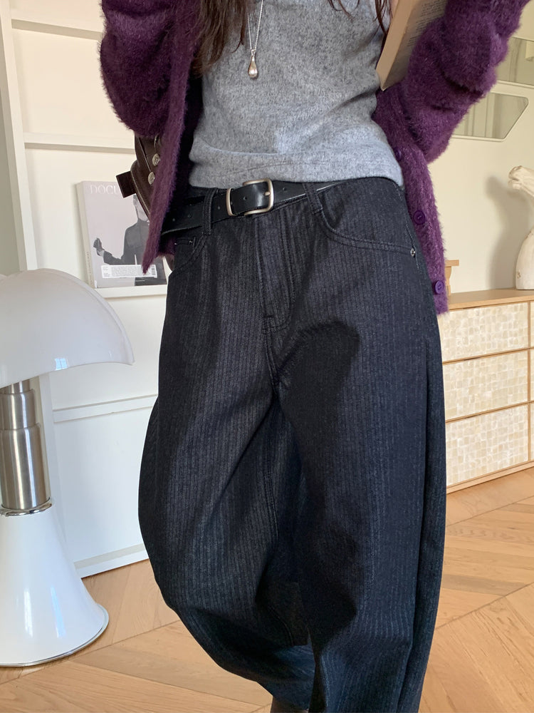 暗條紋細節繭型牛仔褲