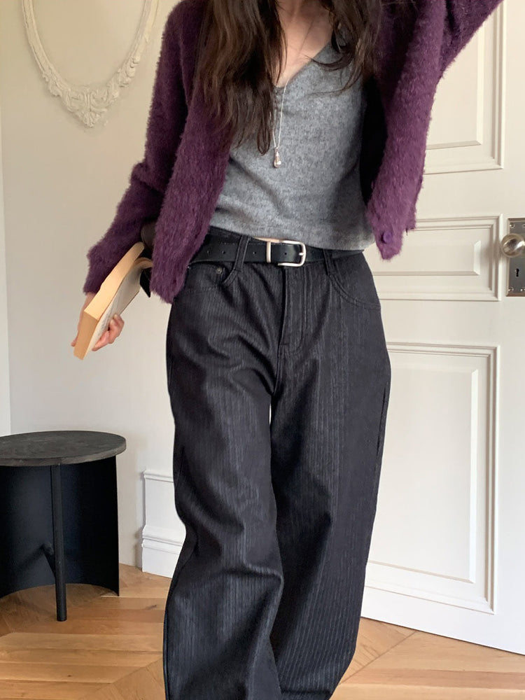 暗條紋細節繭型牛仔褲