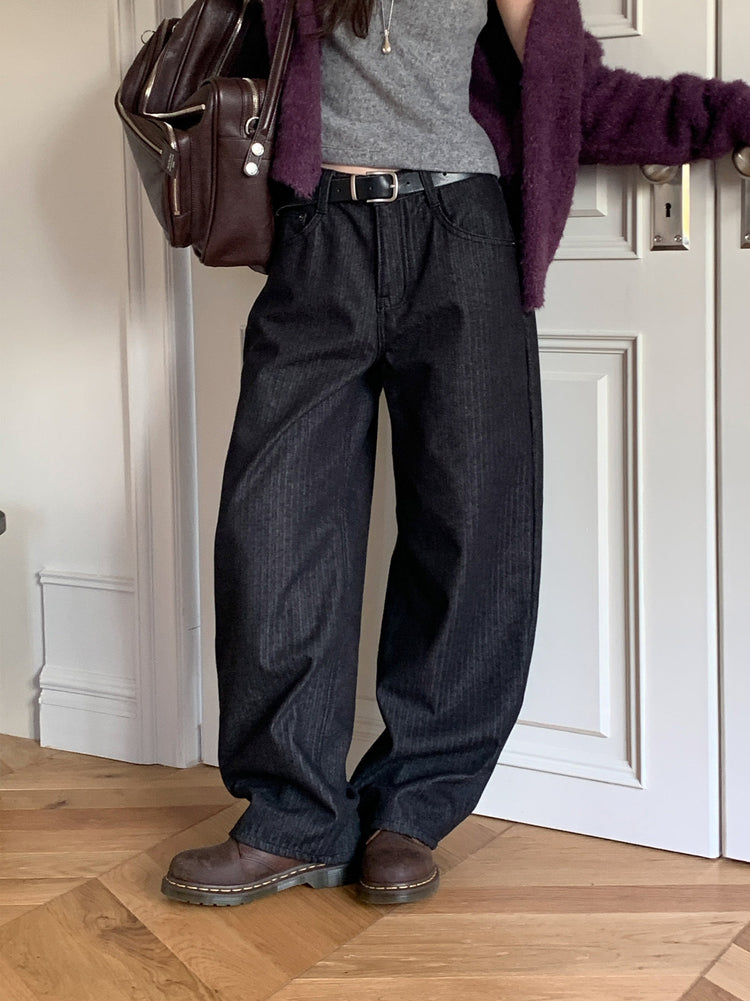 暗條紋細節繭型牛仔褲