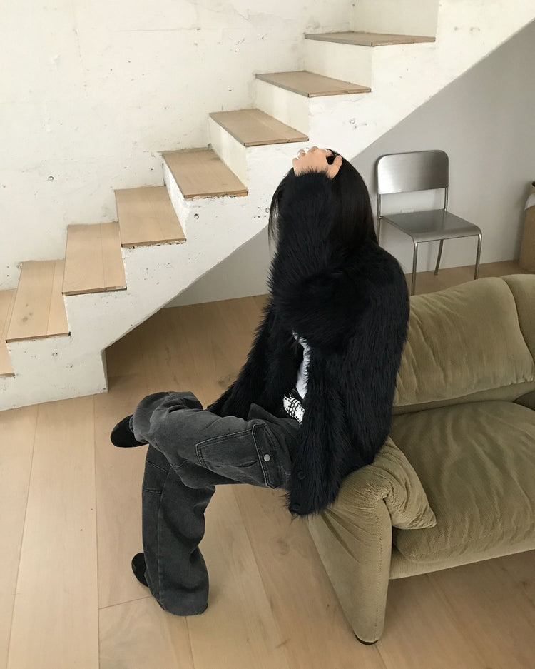 仿水貂毛質感排鈕寬鬆外套