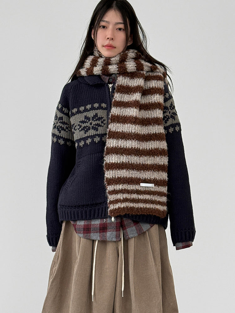 撞色花紋雙拉鏈針織外套